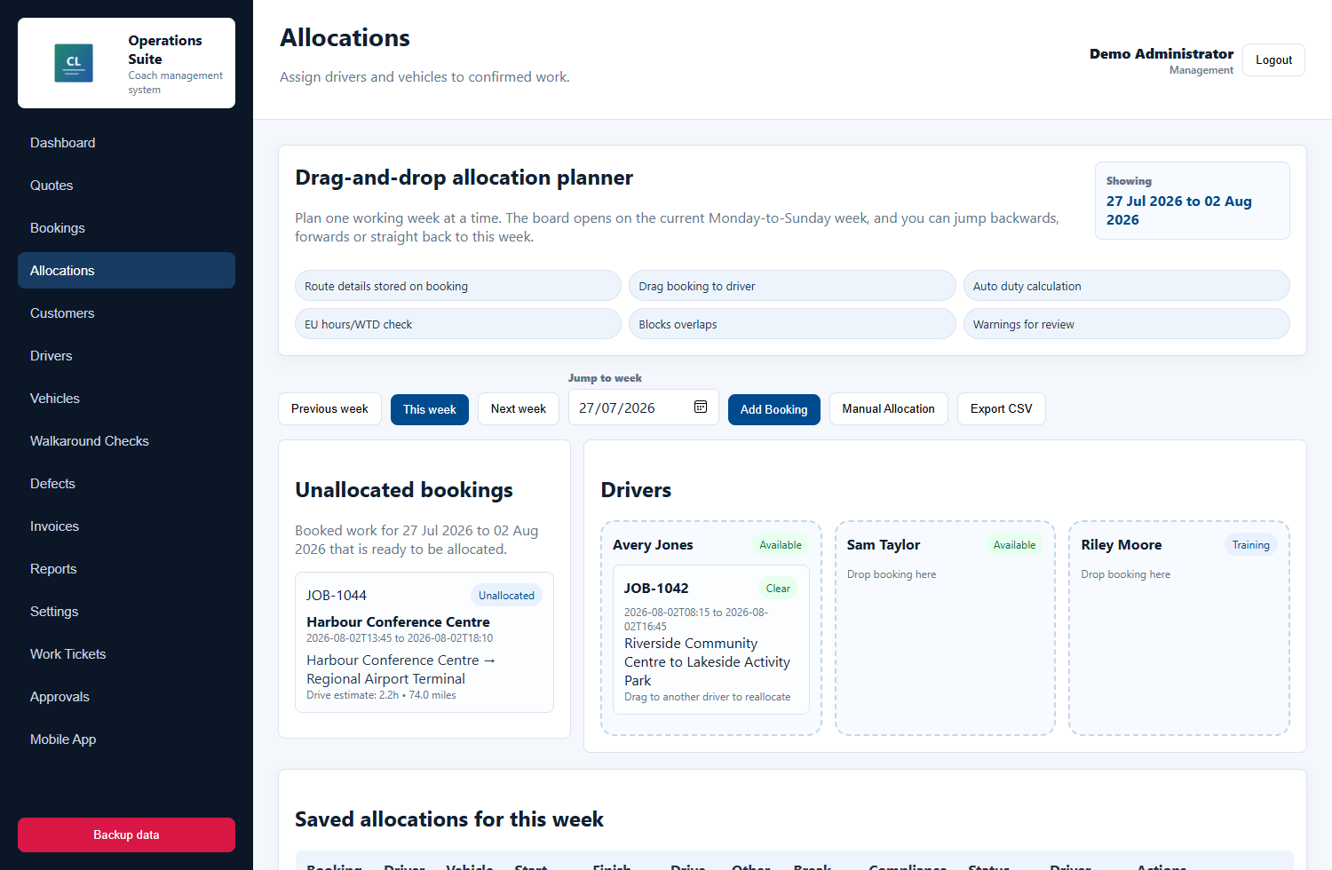 Sanitized CoachOps Manager allocation planner screenshot
