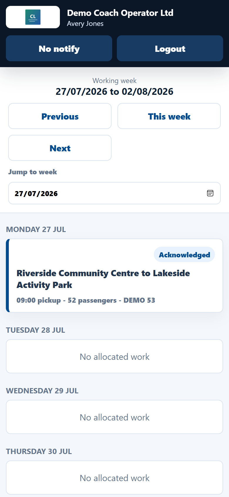 Sanitized CoachOps Driver App weekly job list screenshot